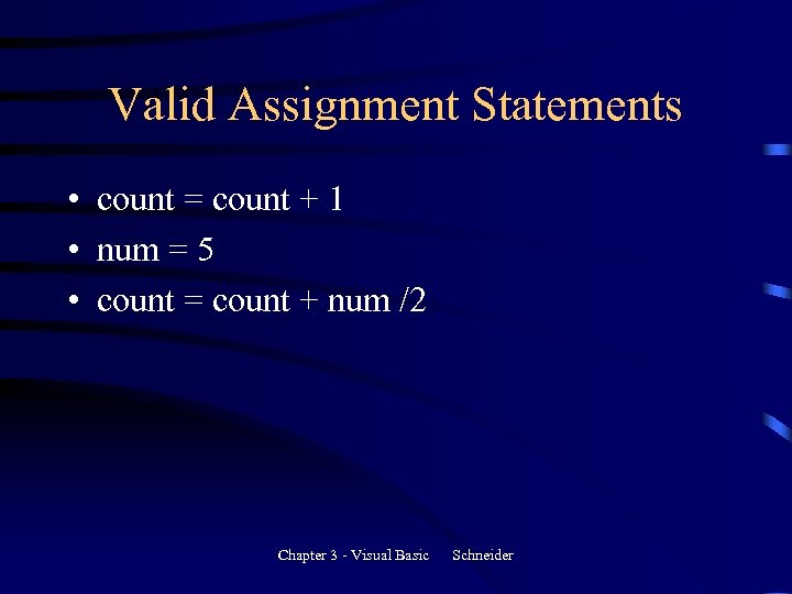 Valid Assignment Statements • count = count + 1 • num = 5 •