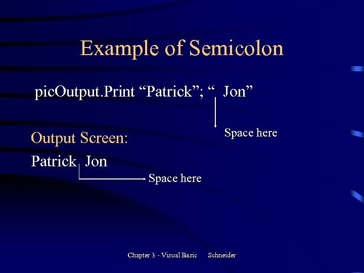 Example of Semicolon pic. Output. Print “Patrick”; “ Jon” Space here Output Screen: Patrick