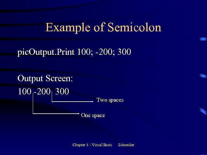 Example of Semicolon pic. Output. Print 100; -200; 300 Output Screen: 100 -200 300