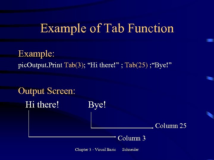 Example of Tab Function Example: pic. Output. Print Tab(3); “Hi there!” ; Tab(25) ;