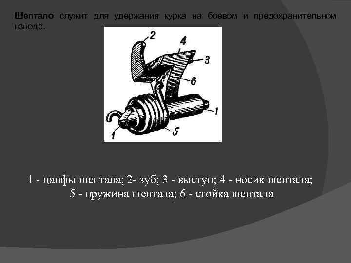 Шептало служит для удержания курка на боевом и предохранительном взводе. 1 - цапфы шептала;