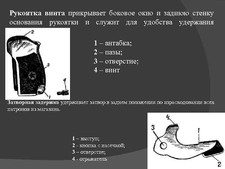 Рукоятка винта прикрывает боковое окно и заднюю стенку основания рукоятки и служит для удобства