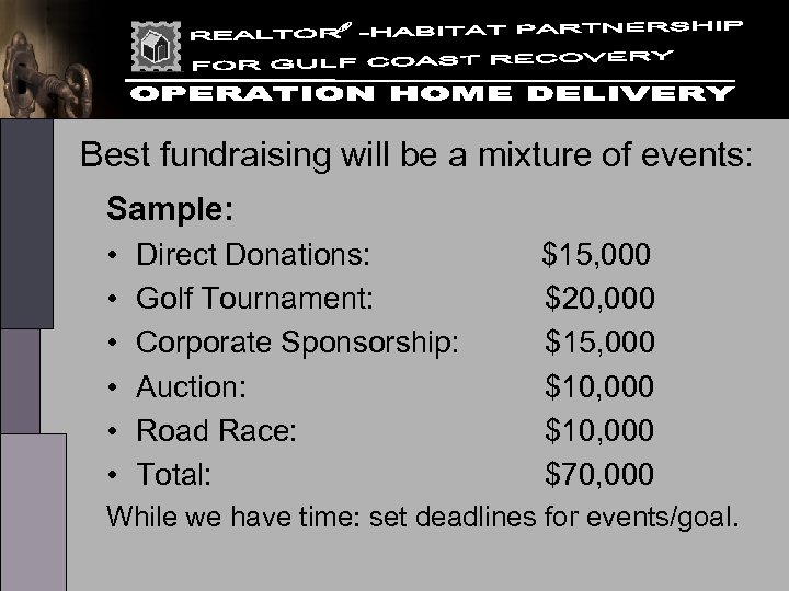 Best fundraising will be a mixture of events: Sample: • • • Direct Donations: