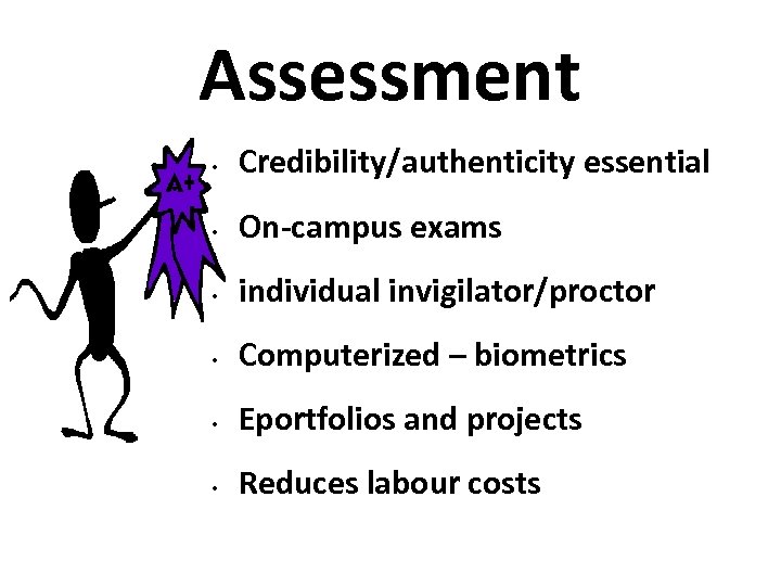 Assessment • Credibility/authenticity essential • On-campus exams • individual invigilator/proctor • Computerized – biometrics