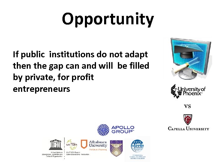 Opportunity If public institutions do not adapt then the gap can and will be