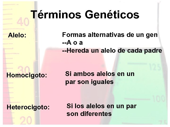 Términos Genéticos Alelo: Formas alternativas de un gen --A o a --Hereda un alelo