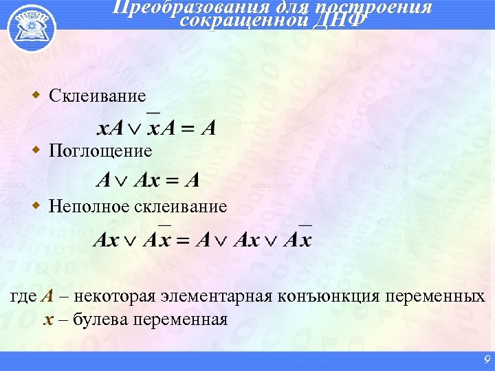 Днф метод. Минимизация логических функций с помощью алгебры логики.. Склеивание и поглощение. Формула неполного склеивания и поглощения. Неполное склеивание и поглощение.