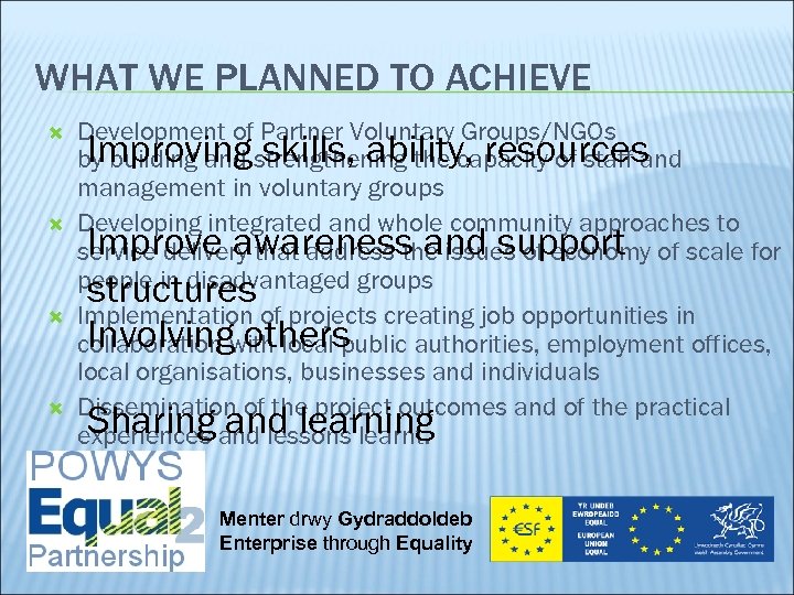WHAT WE PLANNED TO ACHIEVE Development of Partner Voluntary Groups/NGOs Improving skills, ability, resources