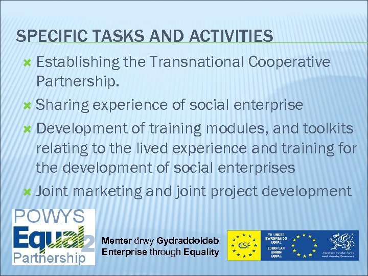 SPECIFIC TASKS AND ACTIVITIES Establishing the Transnational Cooperative Partnership. Sharing experience of social enterprise