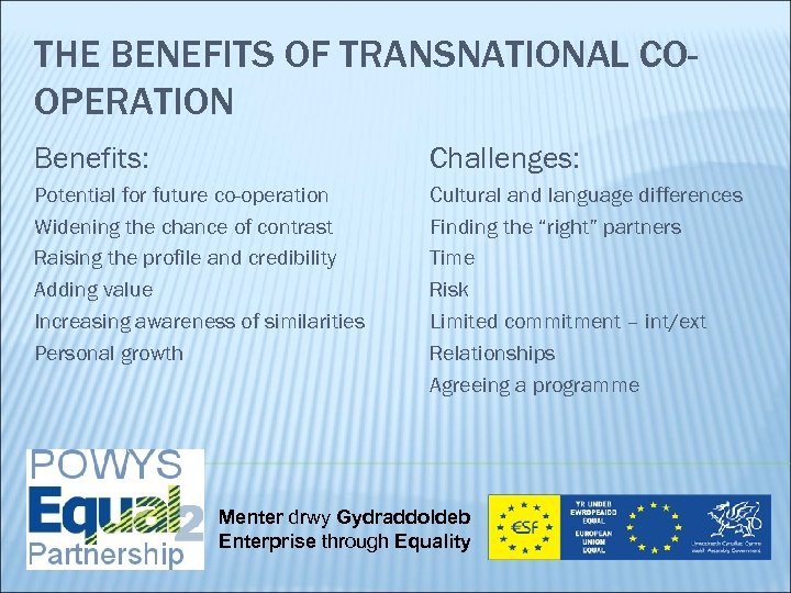 THE BENEFITS OF TRANSNATIONAL COOPERATION Benefits: Challenges: Potential for future co-operation Widening the chance
