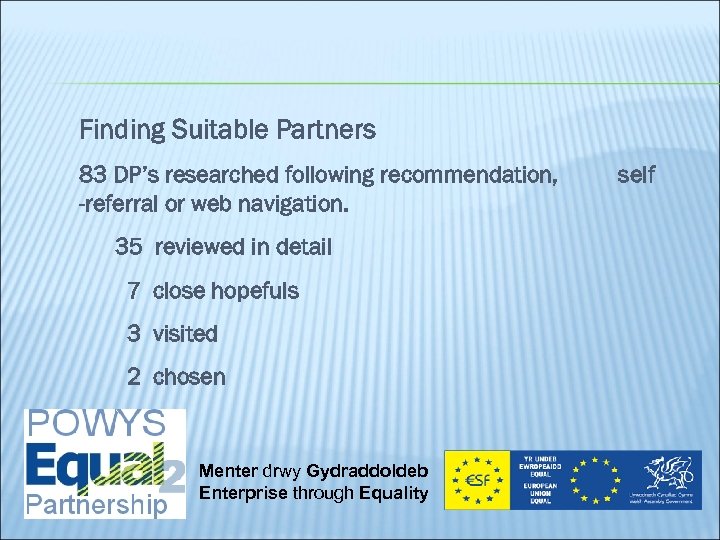 Finding Suitable Partners 83 DP’s researched following recommendation, -referral or web navigation. 35 reviewed