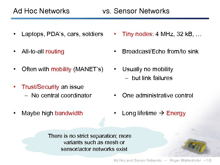 Ad Hoc Networks vs. Sensor Networks • Laptops, PDA’s, cars, soldiers • Tiny nodes: