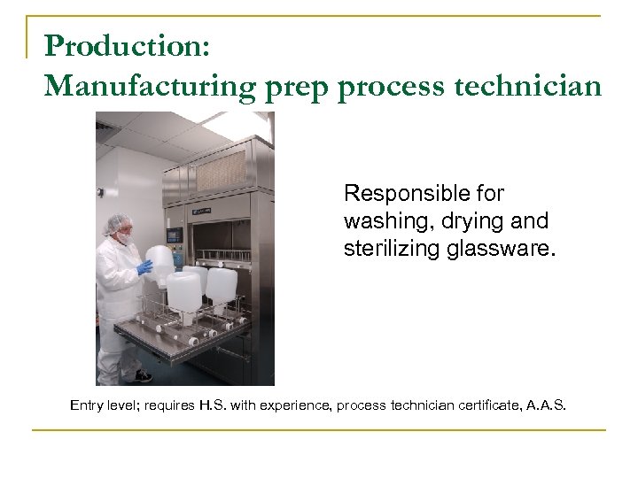 Production: Manufacturing prep process technician Responsible for washing, drying and sterilizing glassware. Entry level;