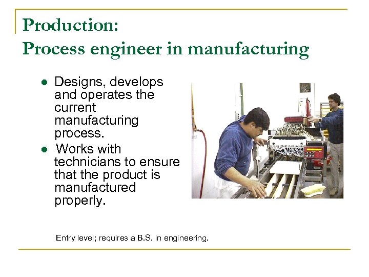 Production: Process engineer in manufacturing ● Designs, develops and operates the current manufacturing process.