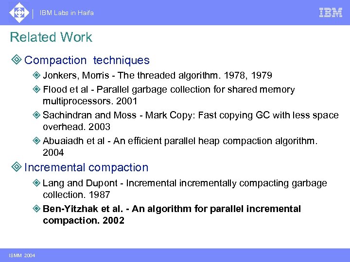 IBM Labs in Haifa Related Work ³ Compaction techniques ² Jonkers, Morris - The