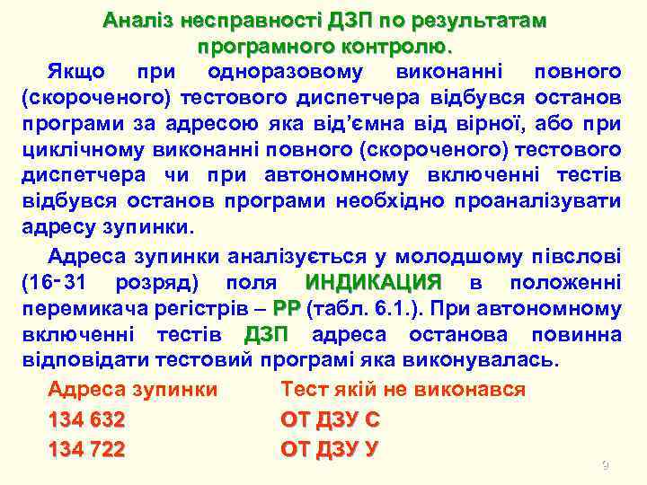 Аналіз несправності ДЗП по результатам програмного контролю. Якщо при одноразовому виконанні повного (скороченого) тестового