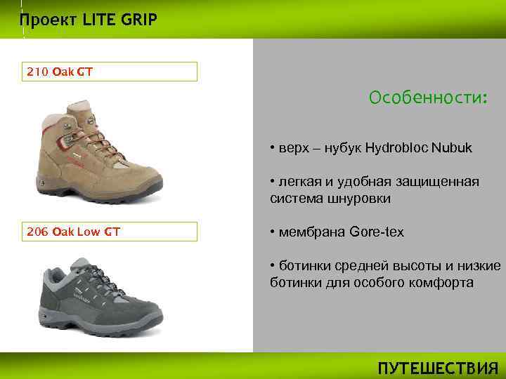 Проект LITE GRIP 210 Oak GT Особенности: • верх – нубук Hydrobloc Nubuk •