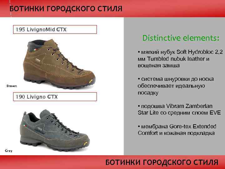 БОТИНКИ ГОРОДСКОГО СТИЛЯ 195 Livigno. Mid GTX Distinctive elements: • мягкий нубук Soft Hydrobloc