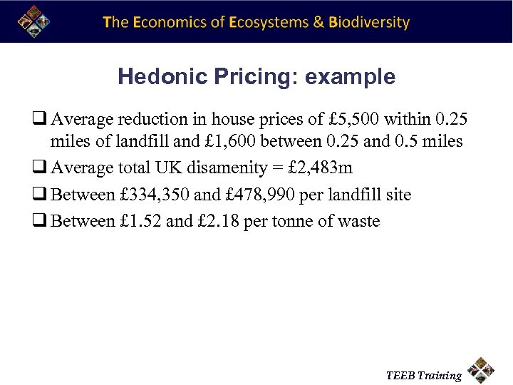 Hedonic Pricing: example q Average reduction in house prices of £ 5, 500 within