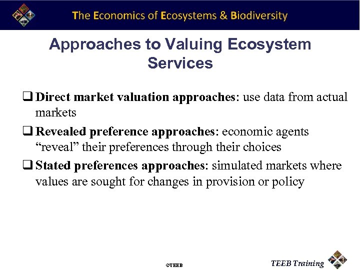 Approaches to Valuing Ecosystem Services q Direct market valuation approaches: use data from actual