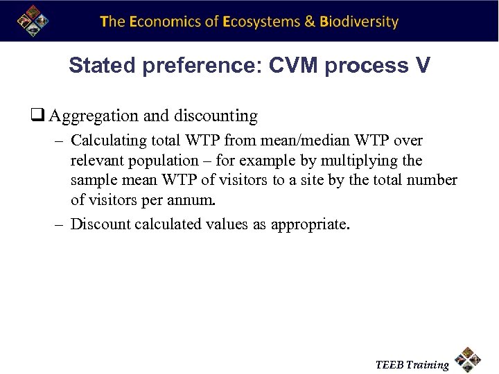 Stated preference: CVM process V q Aggregation and discounting – Calculating total WTP from