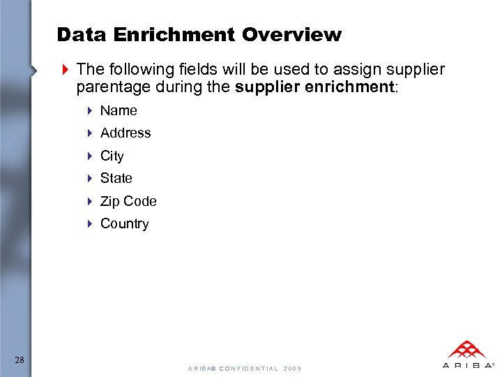 Data Enrichment Overview 4 The following fields will be used to assign supplier parentage