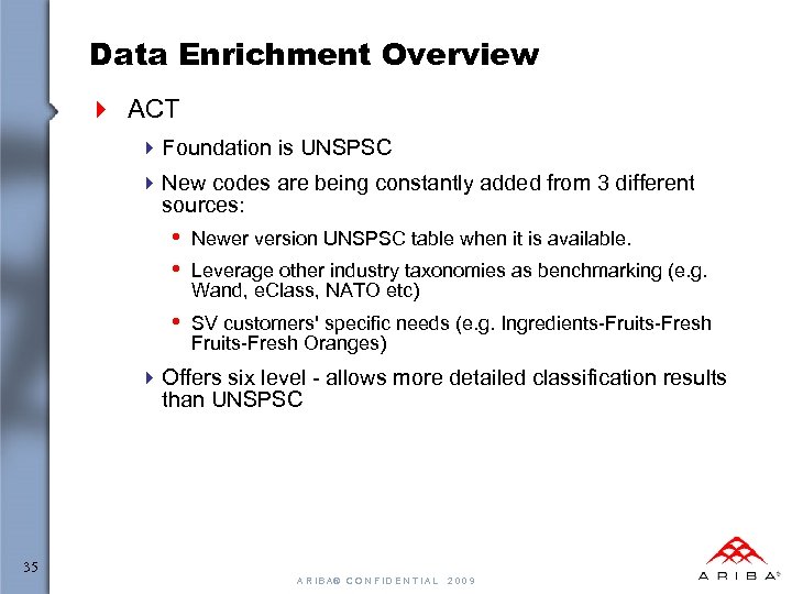 Data Enrichment Overview 4 ACT 4 Foundation is UNSPSC 4 New codes are being