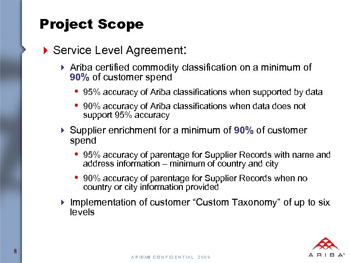 Project Scope 4 Service Level Agreement: 4 Ariba certified commodity classification on a minimum