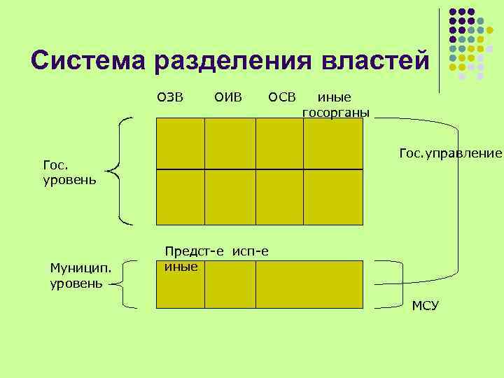Система разделения властей ОЗВ ОИВ иные госорганы Гос. управление Гос. уровень Муницип. уровень ОСВ