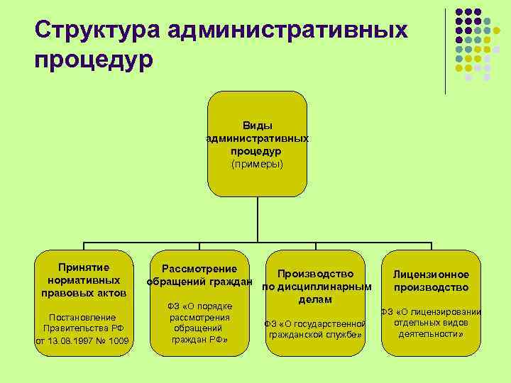 Структура административных процедур Виды административных процедур (примеры) Принятие нормативных правовых актов Постановление Правительства РФ
