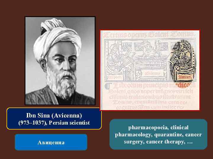 Ibn Sina (Avicenna) (973– 1037), Persian scientist Авиценна pharmacopoeia, clinical pharmacology, quarantine, cancer surgery,