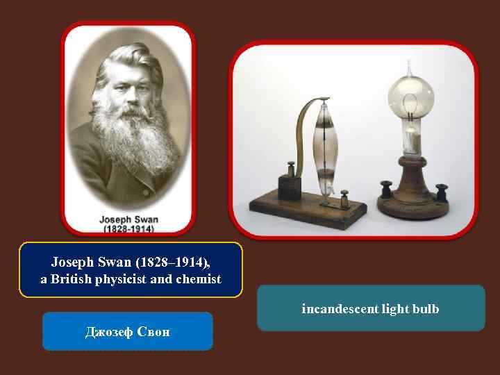 Joseph Swan (1828– 1914), a British physicist and chemist incandescent light bulb Джозеф Свон