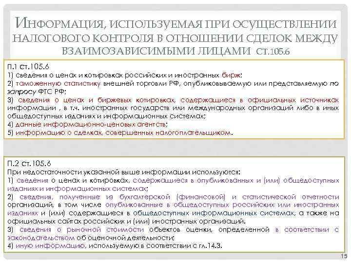 ИНФОРМАЦИЯ, ИСПОЛЬЗУЕМАЯ ПРИ ОСУЩЕСТВЛЕНИИ НАЛОГОВОГО КОНТРОЛЯ В ОТНОШЕНИИ СДЕЛОК МЕЖДУ ВЗАИМОЗАВИСИМЫМИ ЛИЦАМИ СТ. 105.