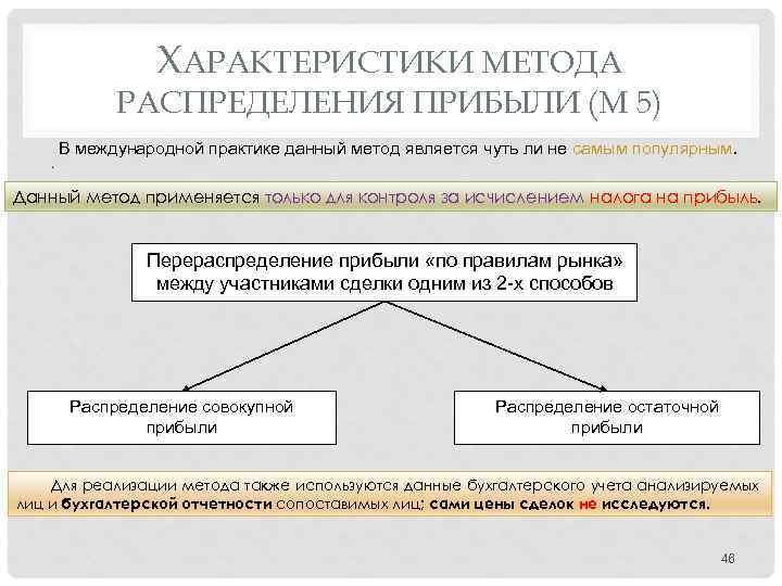 ХАРАКТЕРИСТИКИ МЕТОДА РАСПРЕДЕЛЕНИЯ ПРИБЫЛИ (М 5) В международной практике данный метод является чуть ли