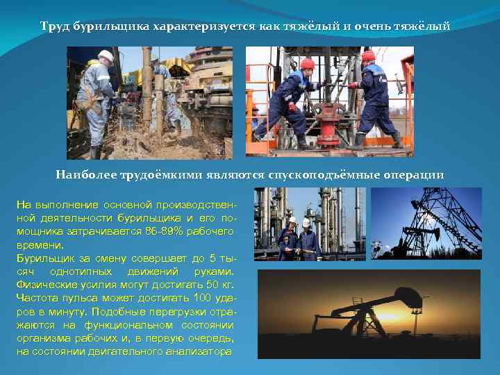 Труд бурильщика характеризуется как тяжёлый и очень тяжёлый Наиболее трудоёмкими являются спускоподъёмные операции На