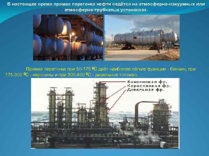 В настоящее время прямая перегонка нефти ведётся на атмосферно вакуумных или атмосферно трубчатых установках.