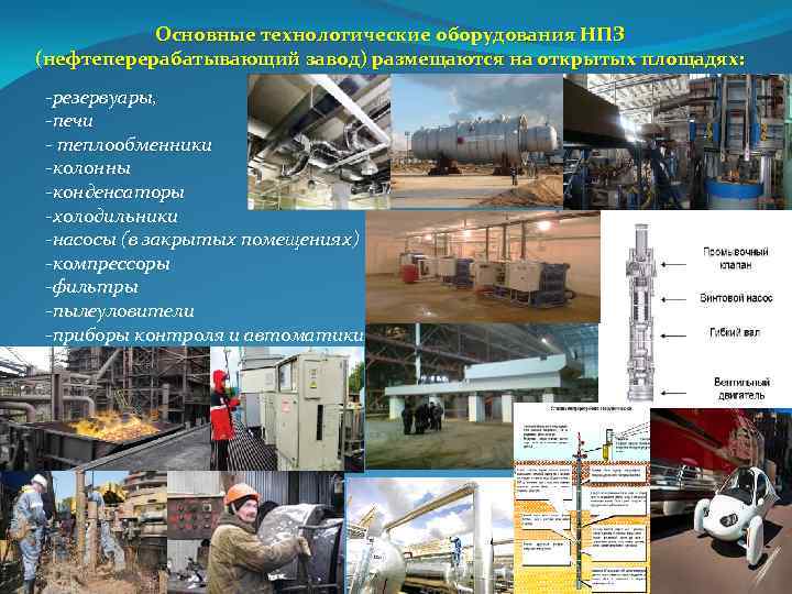 Основные технологические оборудования НПЗ (нефтеперерабатывающий завод) размещаются на открытых площадях: резервуары, печи теплообменники колонны