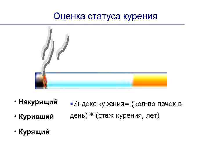 Оценка статуса курения • Некурящий §Индекс курения= (кол-во пачек в • Куривший день) *
