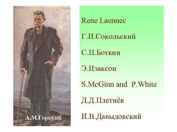Rene Laennec Г. И. Сокольский С. П. Боткин Э. Изаксон S. Mc. Ginn and