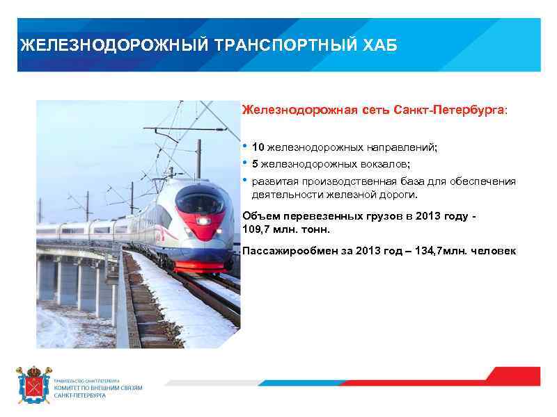 ЖЕЛЕЗНОДОРОЖНЫЙ ТРАНСПОРТНЫЙ ХАБ Железнодорожная сеть Санкт-Петербурга: • • • 10 железнодорожных направлений; 5 железнодорожных