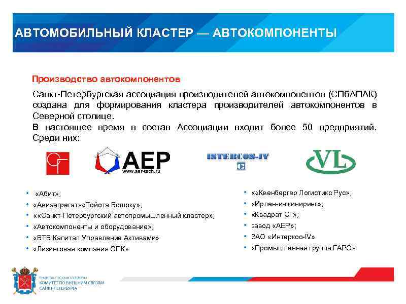 АВТОМОБИЛЬНЫЙ КЛАСТЕР — АВТОКОМПОНЕНТЫ Производство автокомпонентов Санкт-Петербургская ассоциация производителей автокомпонентов (СПб. АПАК) создана для