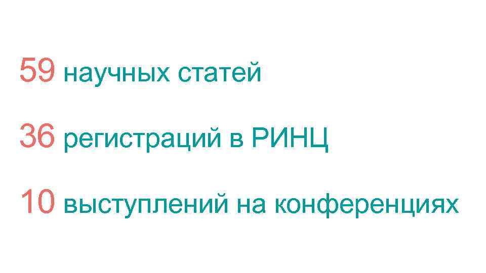 59 научных статей 36 регистраций в РИНЦ 10 выступлений на конференциях 