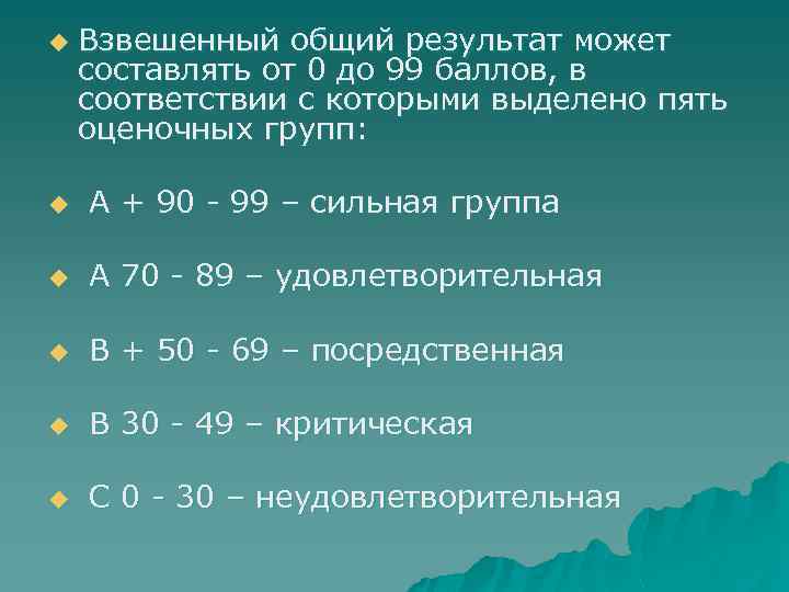 u Взвешенный общий результат может составлять от 0 до 99 баллов, в соответствии с