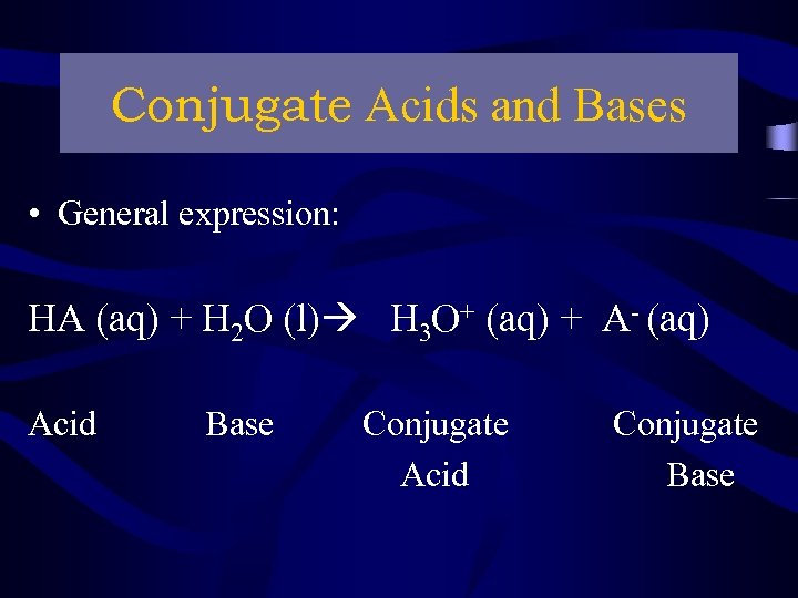 Conjugate Acids and Bases • General expression: HA (aq) + H 2 O (l)