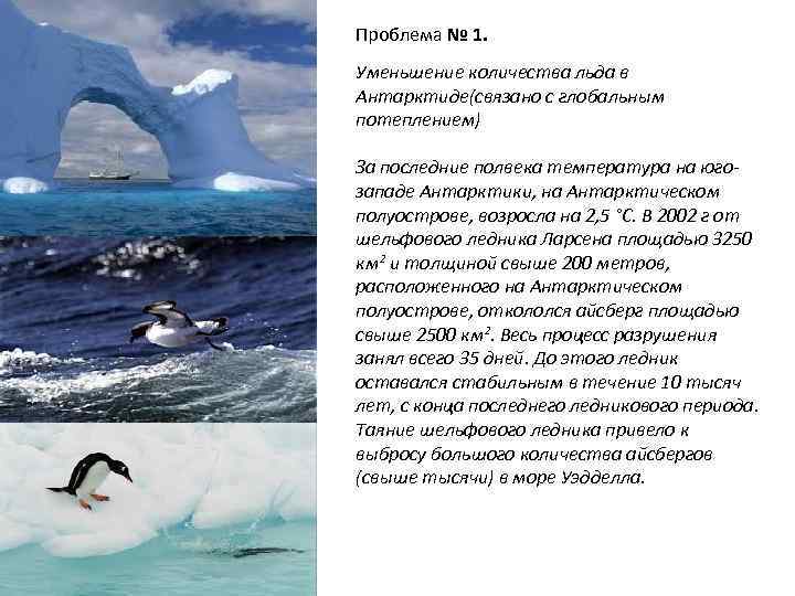 Проблема № 1. Уменьшение количества льда в Антарктиде(связано с глобальным потеплением) За последние полвека
