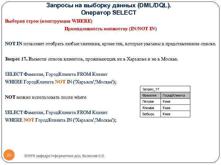 Запросы на выборку данных (DML/DQL). Оператор SELECT Выборка строк (конструкция WHERE) Принадлежность множеству (IN/NOT