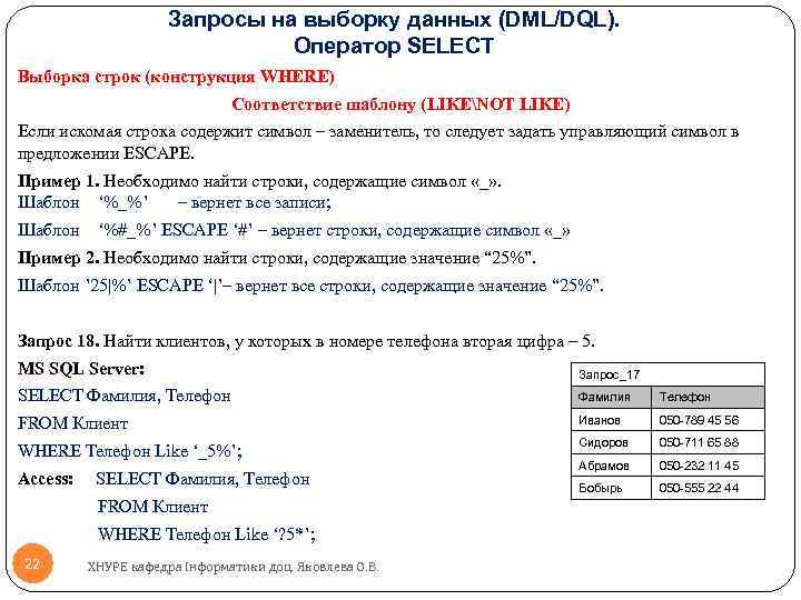 Запросы на выборку данных (DML/DQL). Оператор SELECT Выборка строк (конструкция WHERE) Соответствие шаблону (LIKENOT