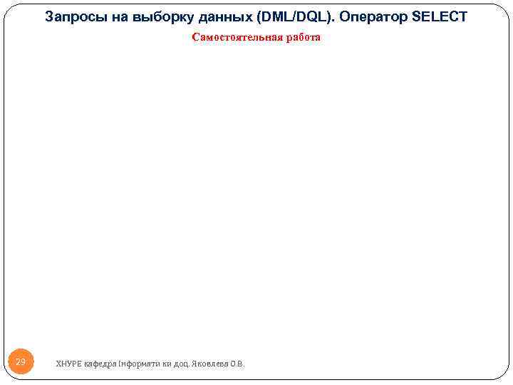 Запросы на выборку данных (DML/DQL). Оператор SELECT Самостоятельная работа 29 ХНУРЕ кафедра Інформати ки
