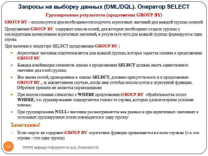 Запросы на выборку данных (DML/DQL). Оператор SELECT Группирование результатов (предложение GROUP BY) GROUP BY