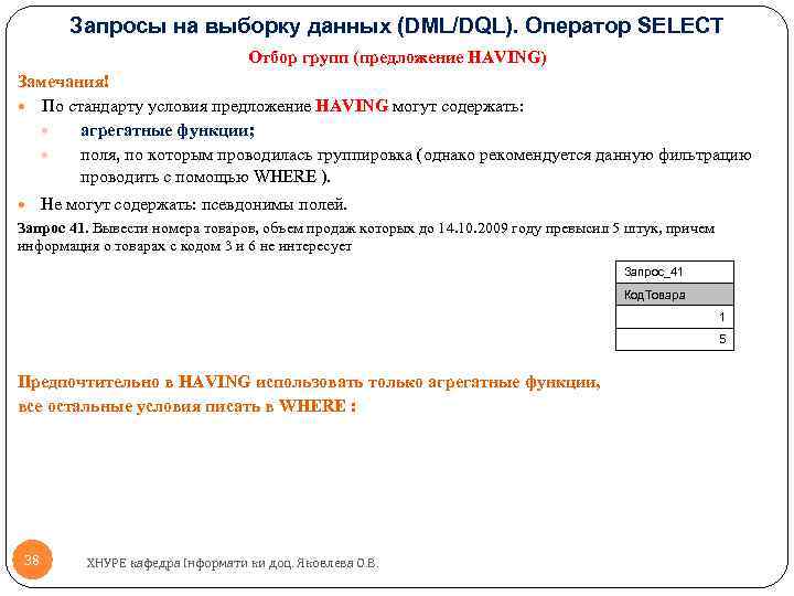Запросы на выборку данных (DML/DQL). Оператор SELECT Отбор групп (предложение HAVING) Замечания! По стандарту